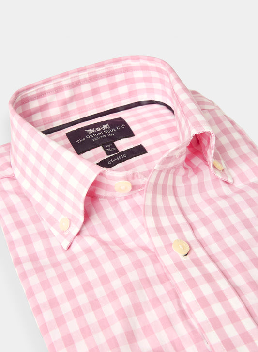 Button Down Cotton Poplin Shirt - Pink Check