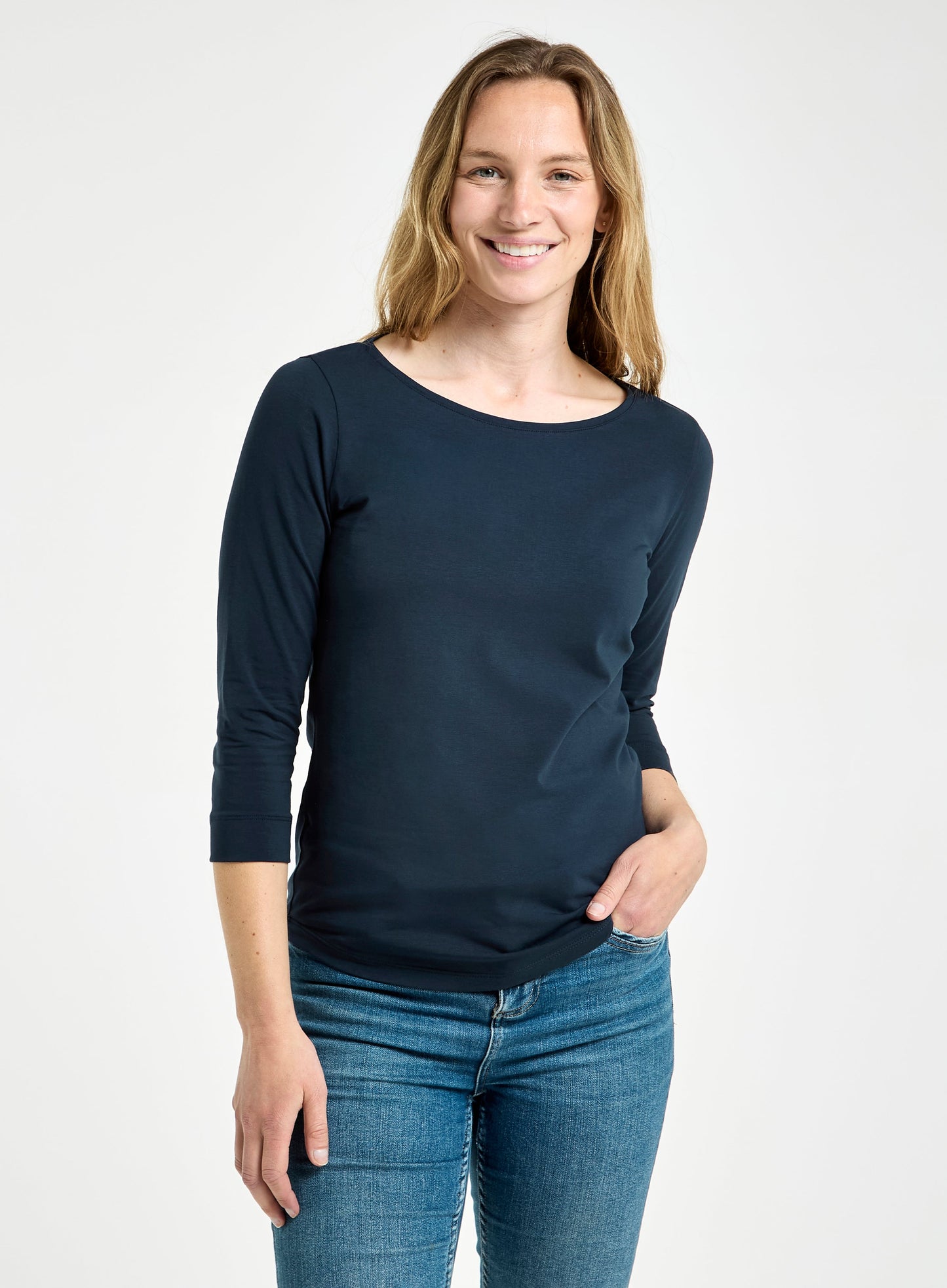 3/4 Sleeve Boat Neck Cotton Top - Navy