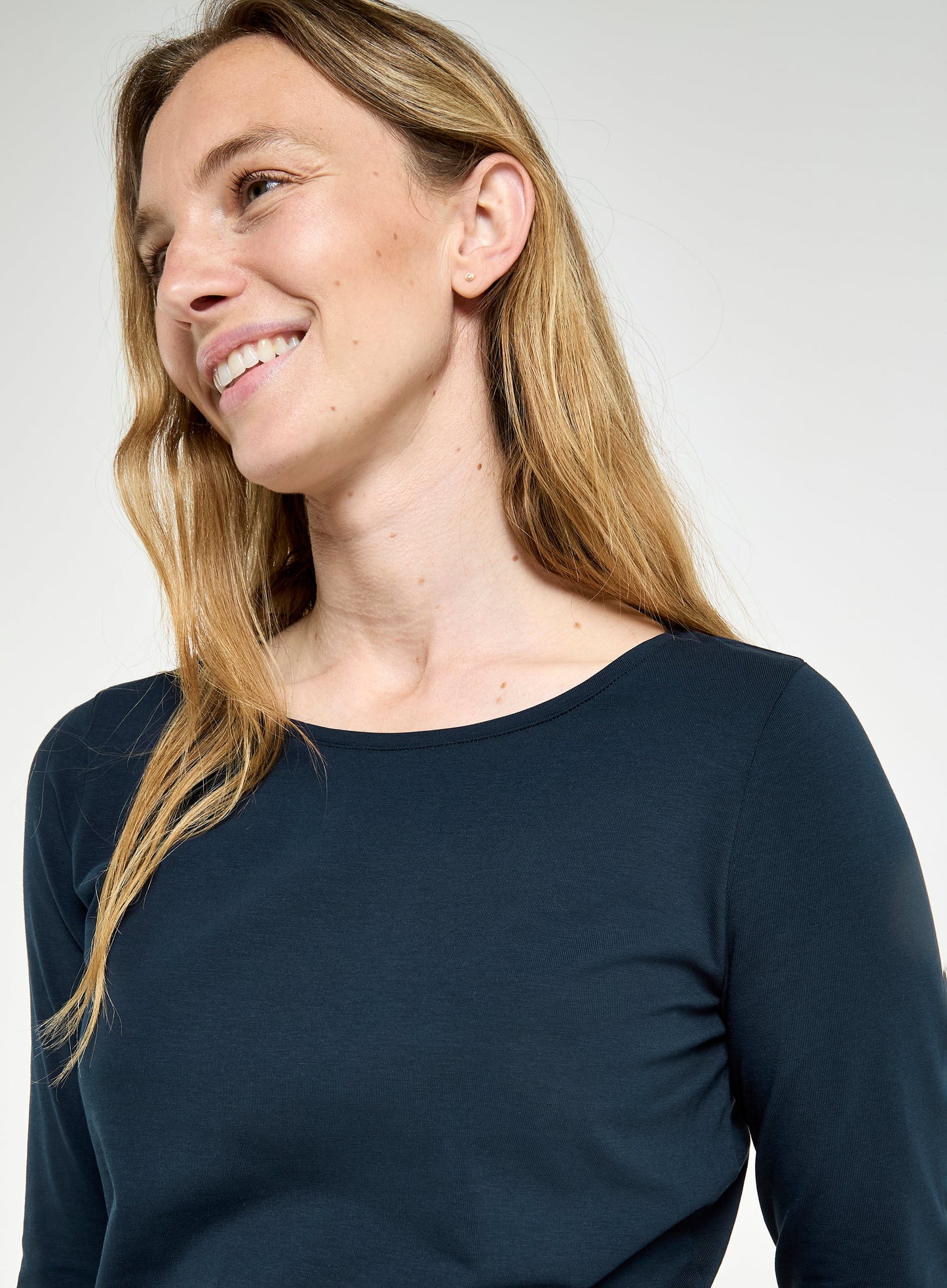 3/4 Sleeve Boat Neck Cotton Top - Navy