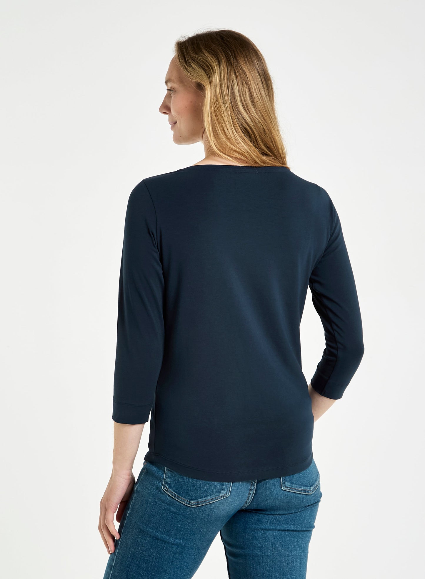 3/4 Sleeve Boat Neck Cotton Top - Navy