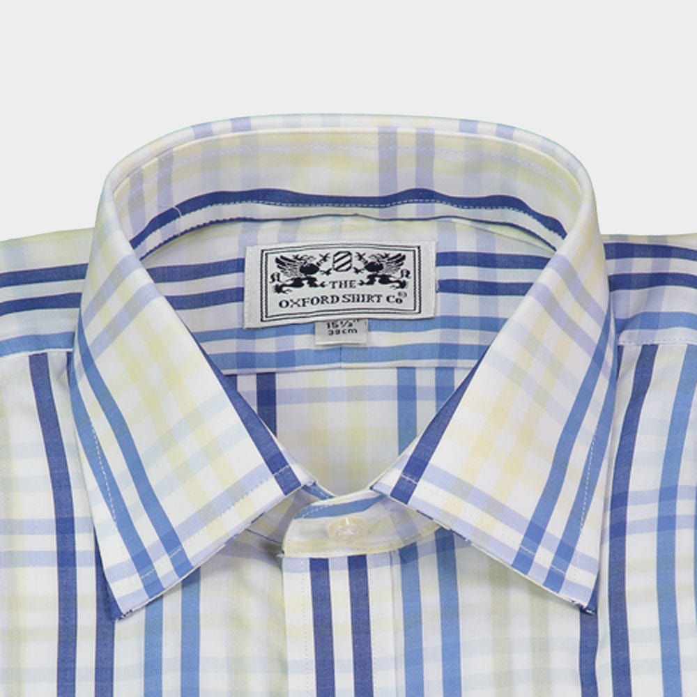 "Double Cuff Shirt in Navy and Yellow Multi Check"