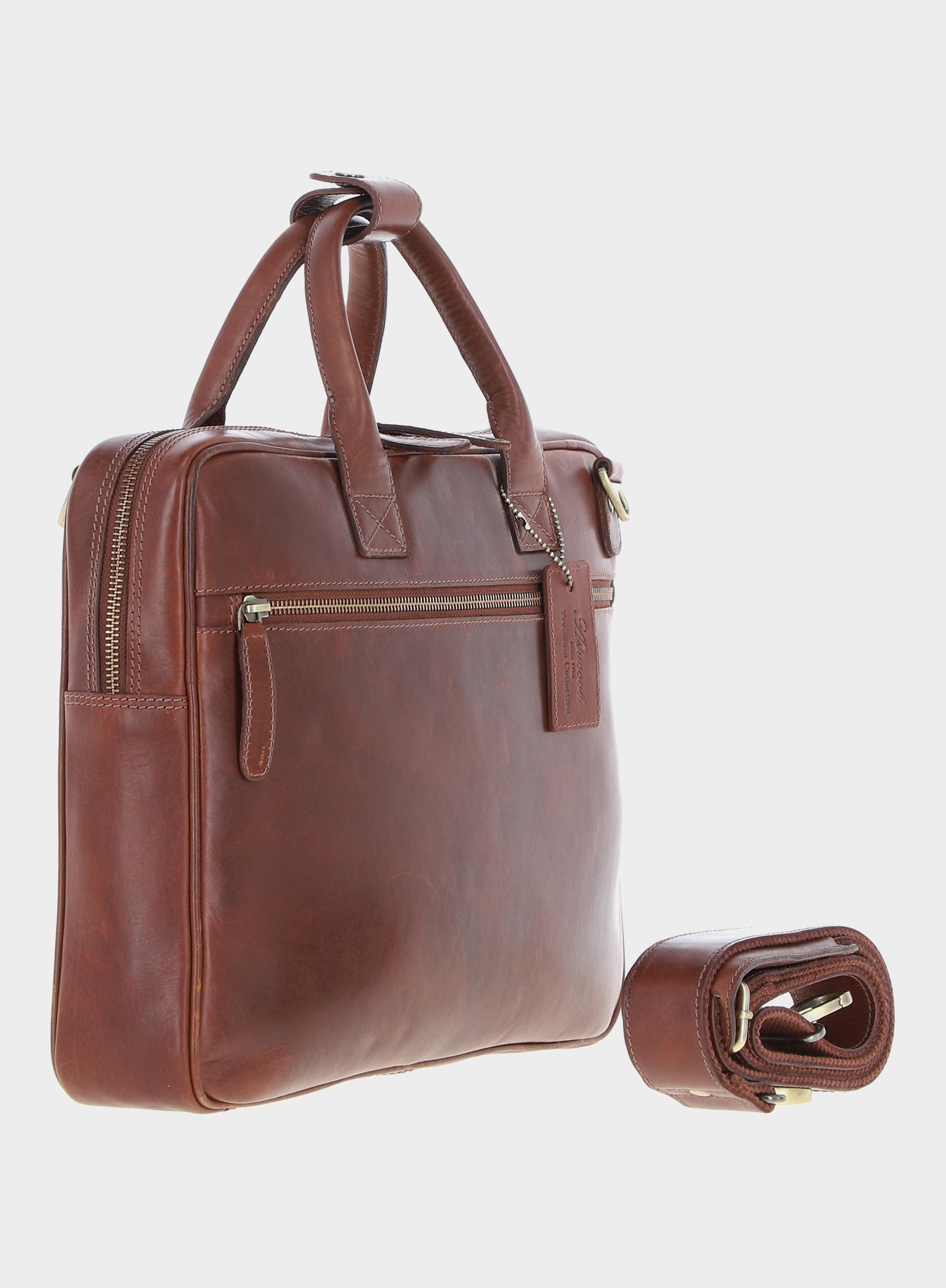 Brown leather briefcase with a smaller rolled-up version on a light gray background