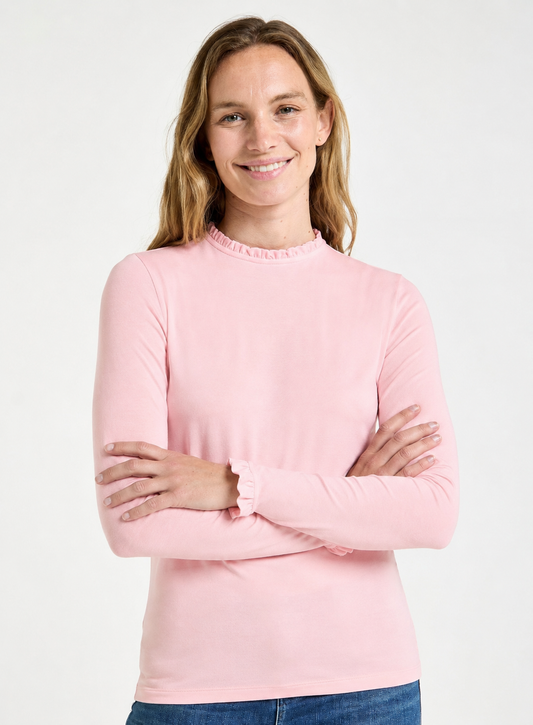 Frill Neck Long Sleeve Top in Pink
