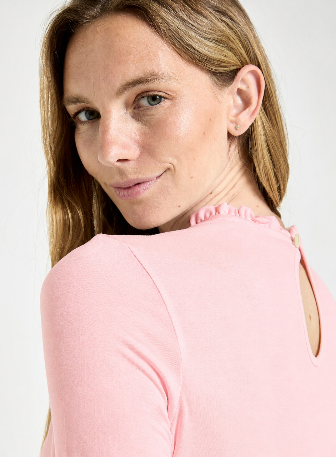 Frill Neck Long Sleeve Top in Pink