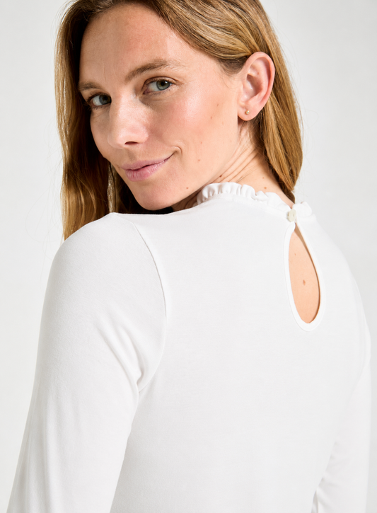 Frill Neck Long Sleeve Top in White