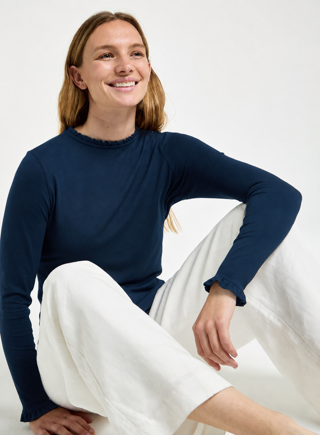 Frill Neck Long Sleeve Top in Navy