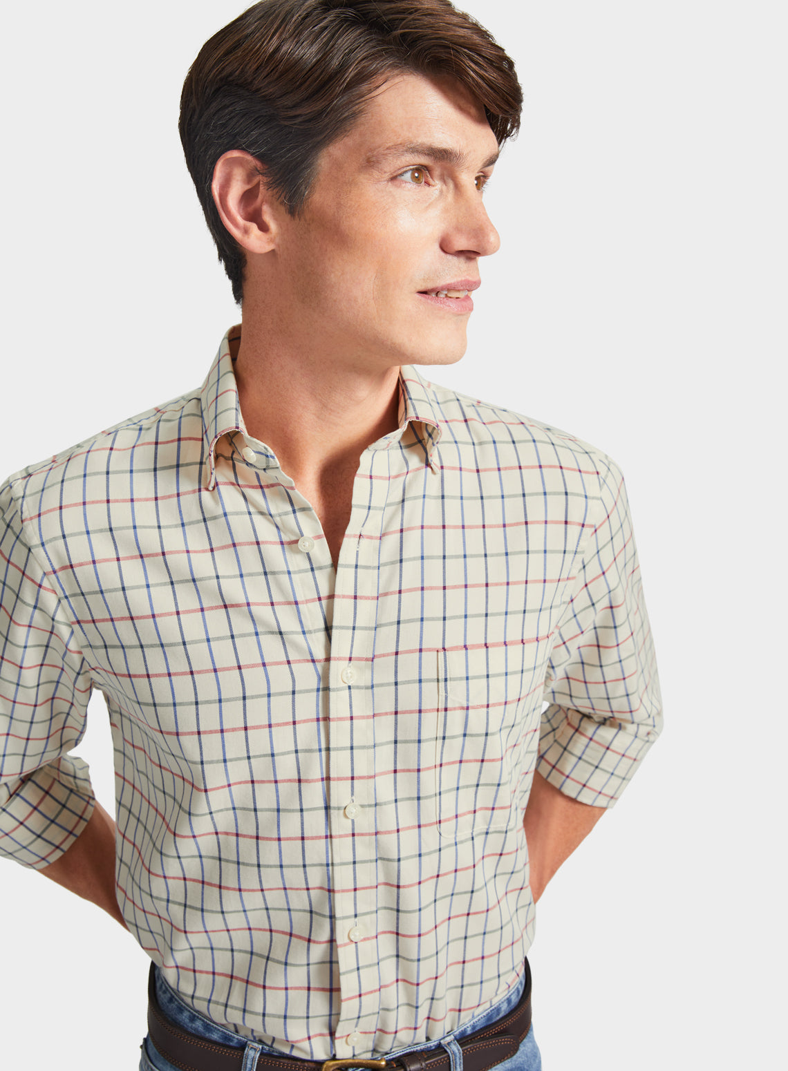 Button Down Tattersall Shirt in Red and Green Check