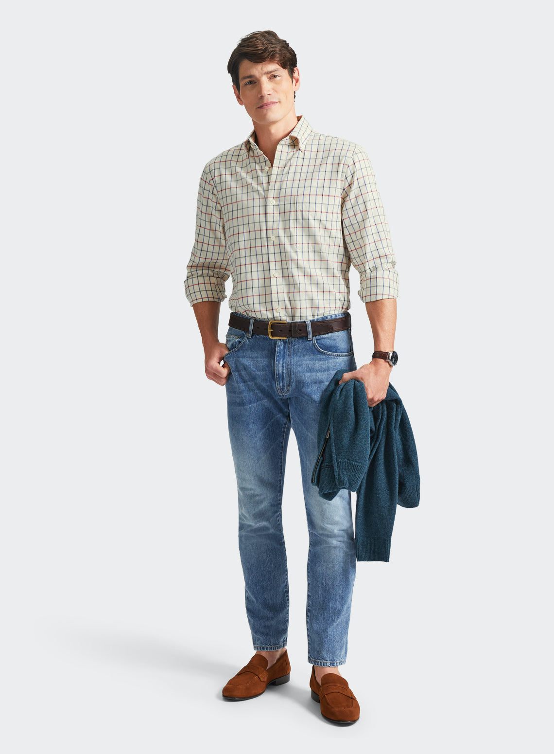 Button Down Tattersall Shirt in Red and Green Check
