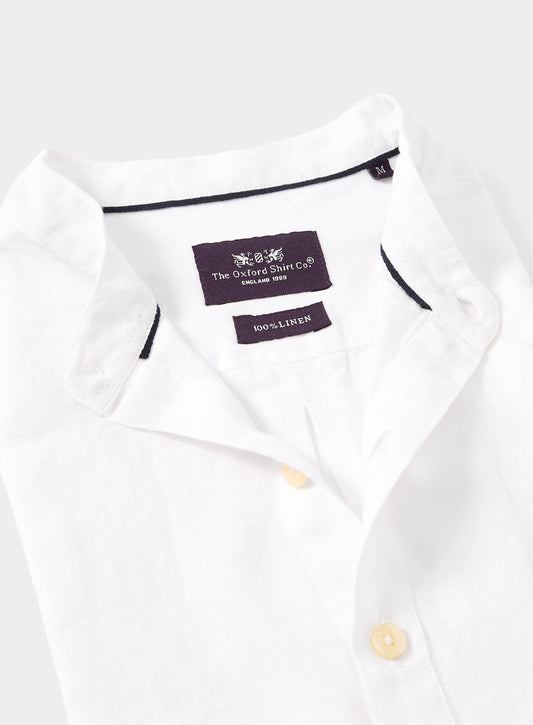Half Placket Nehru Collar Linen Shirt - White