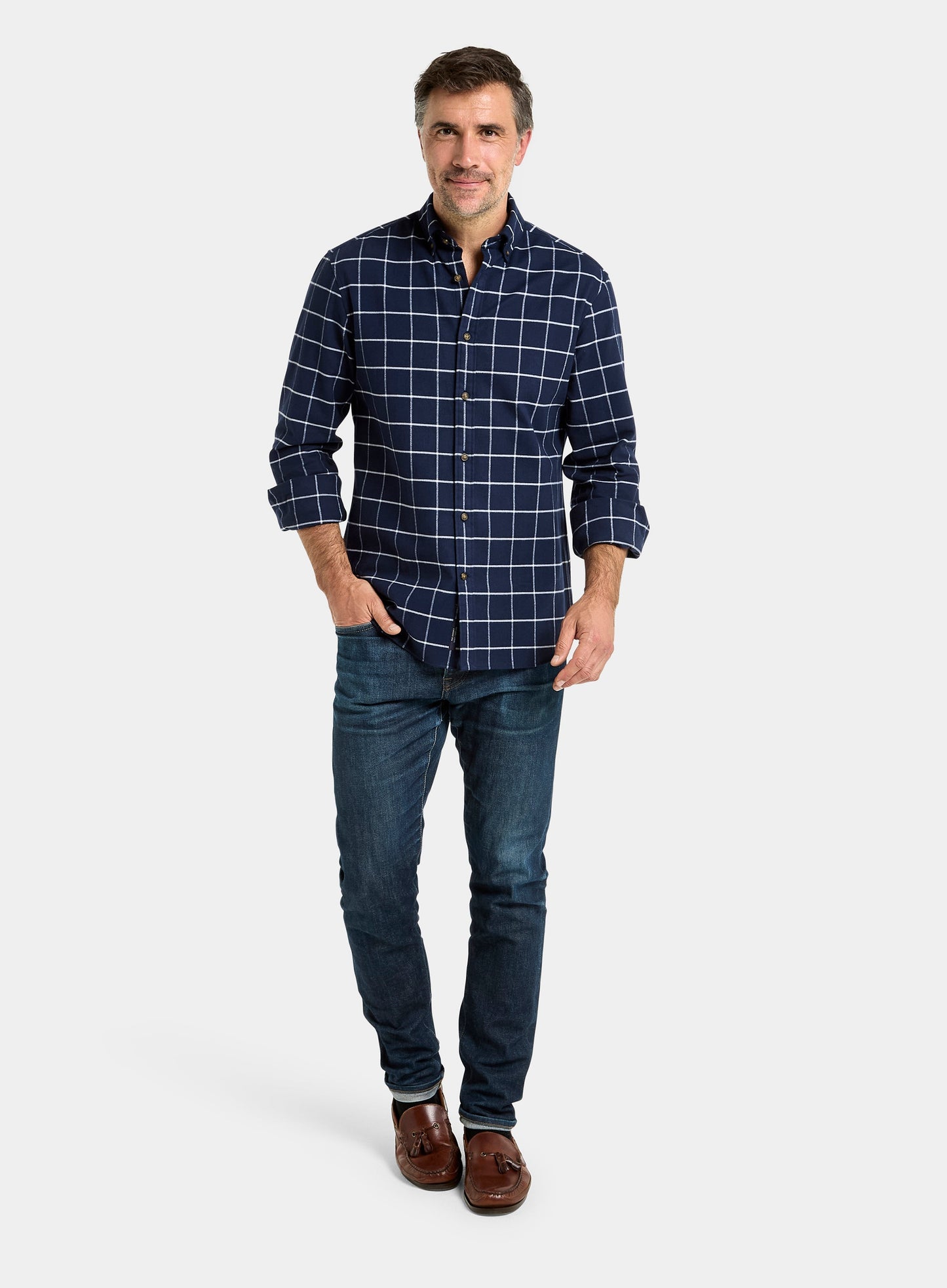 Button Down Flannel Shirt - Navy and White Check