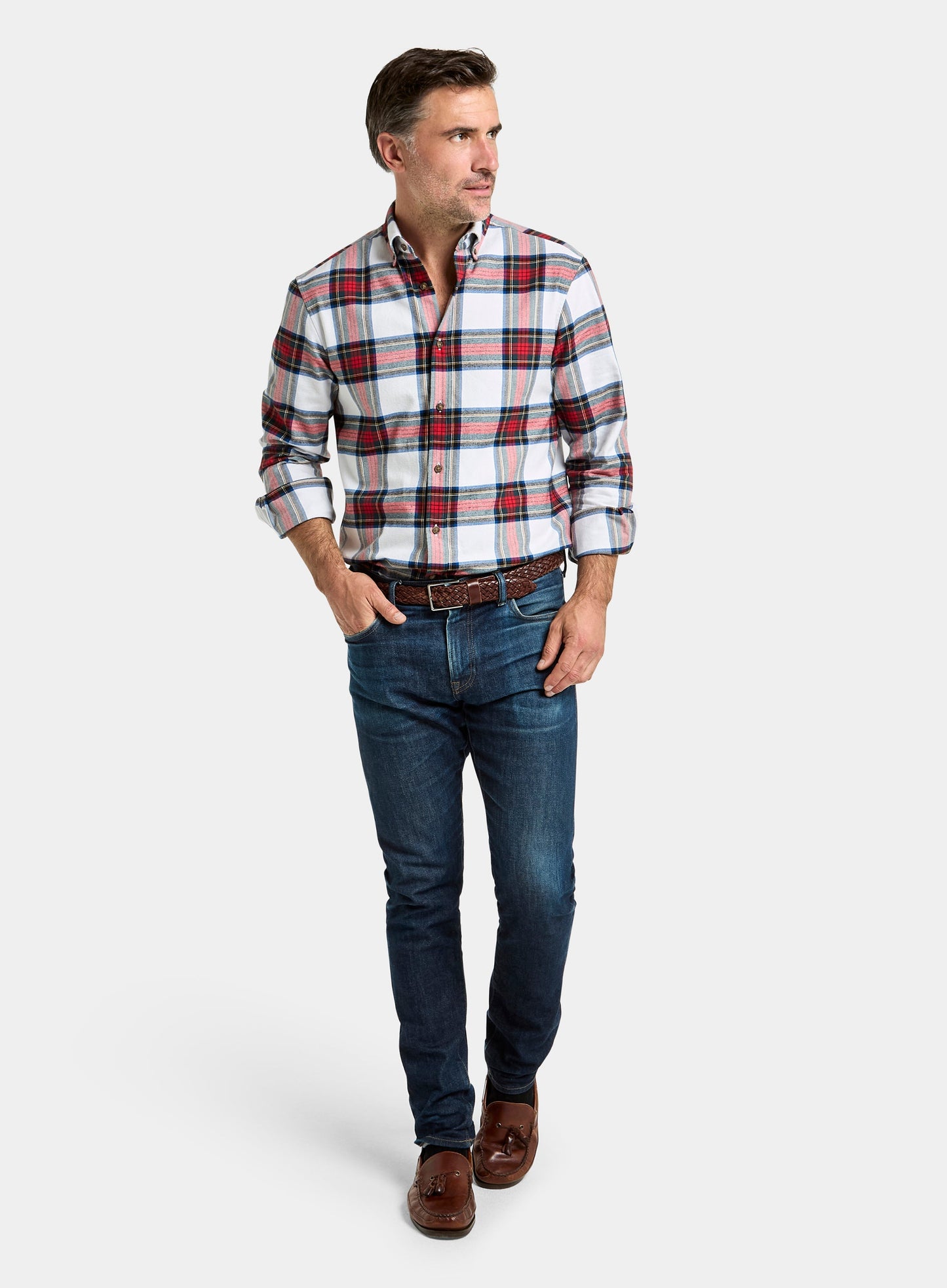 Button Down Flannel Shirt - Red and Beige Check