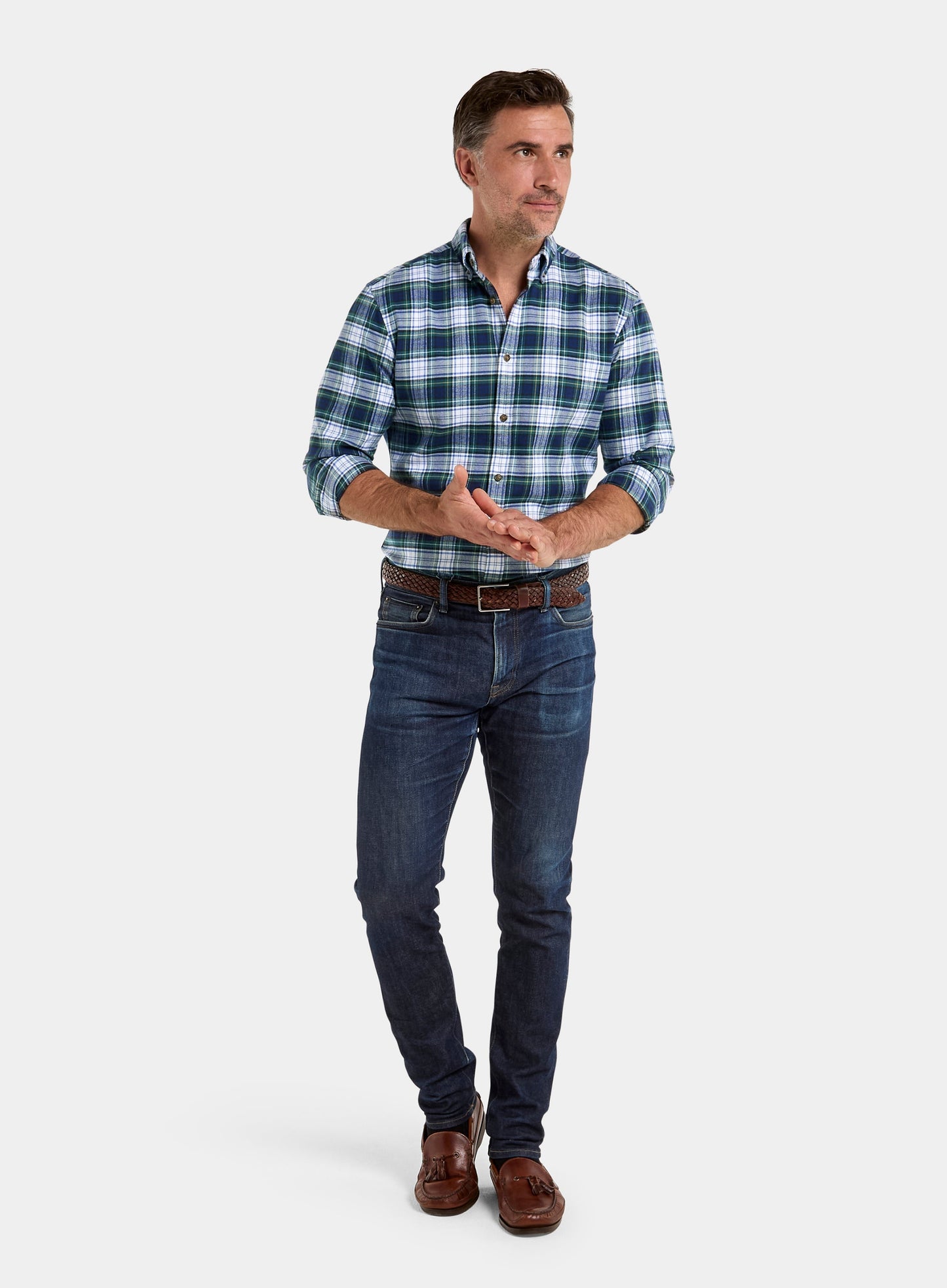 Button Down Flannel Shirt - White and Green Check