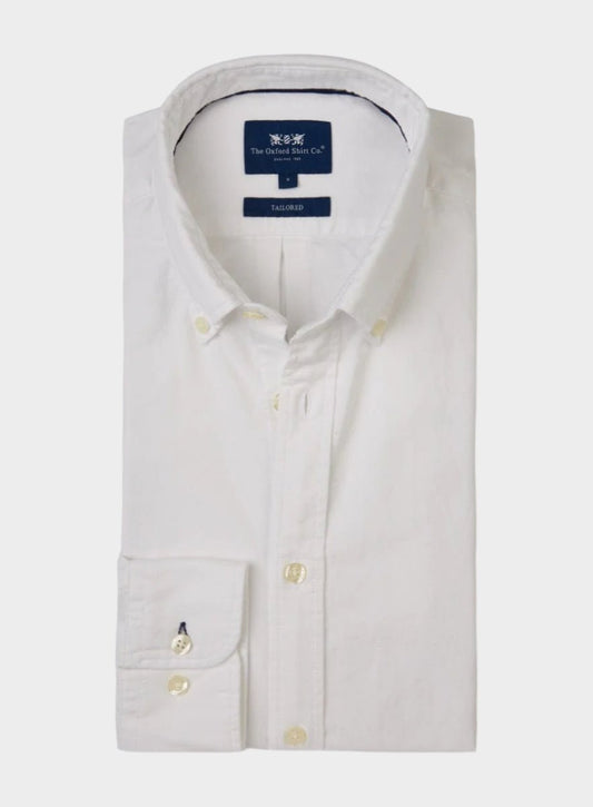 Men's white Oxford button-down shirt folded front view with Tailored Fit label and cuff detail