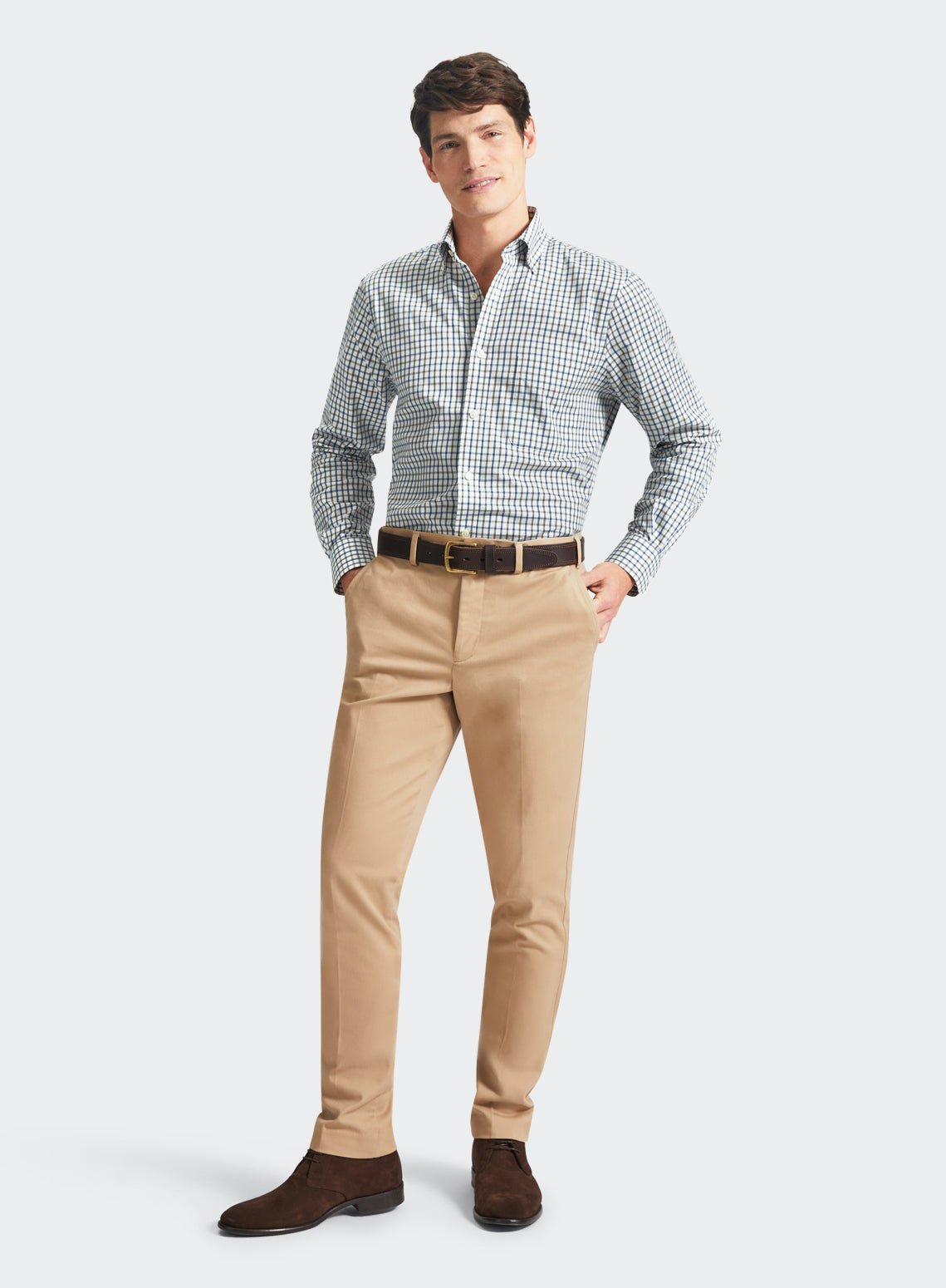 Button Down Tattersall Shirt in Green and Blue Check