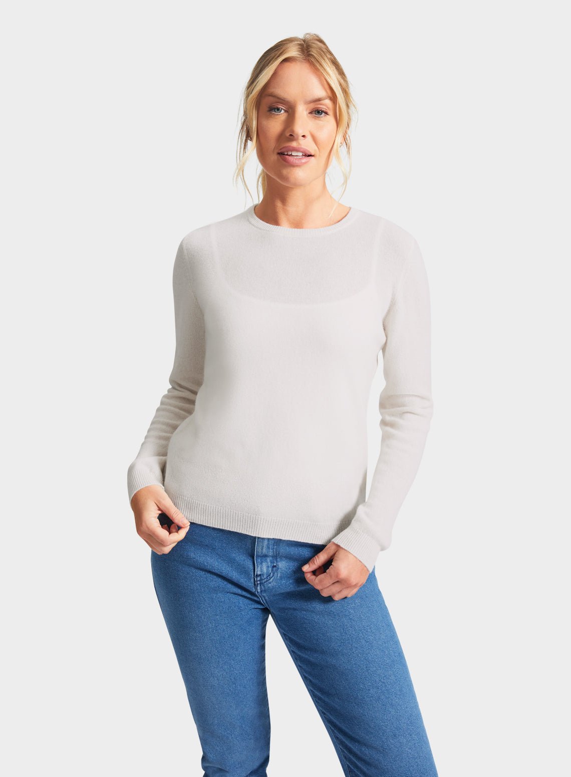 Womens Crew Neck Cashmere Jumper in Ecru Oxford Shirt