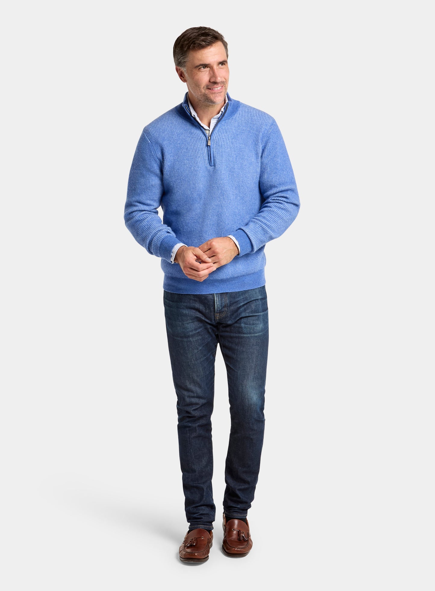 Cashmere Plaited Rib 1/4 Zip in Blue