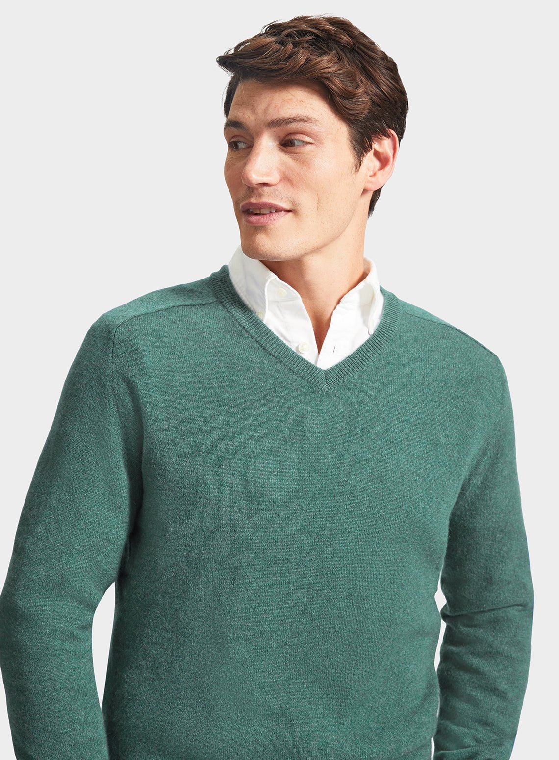 Mens Cashmere V Neck Jumper in Green Oxford Shirt