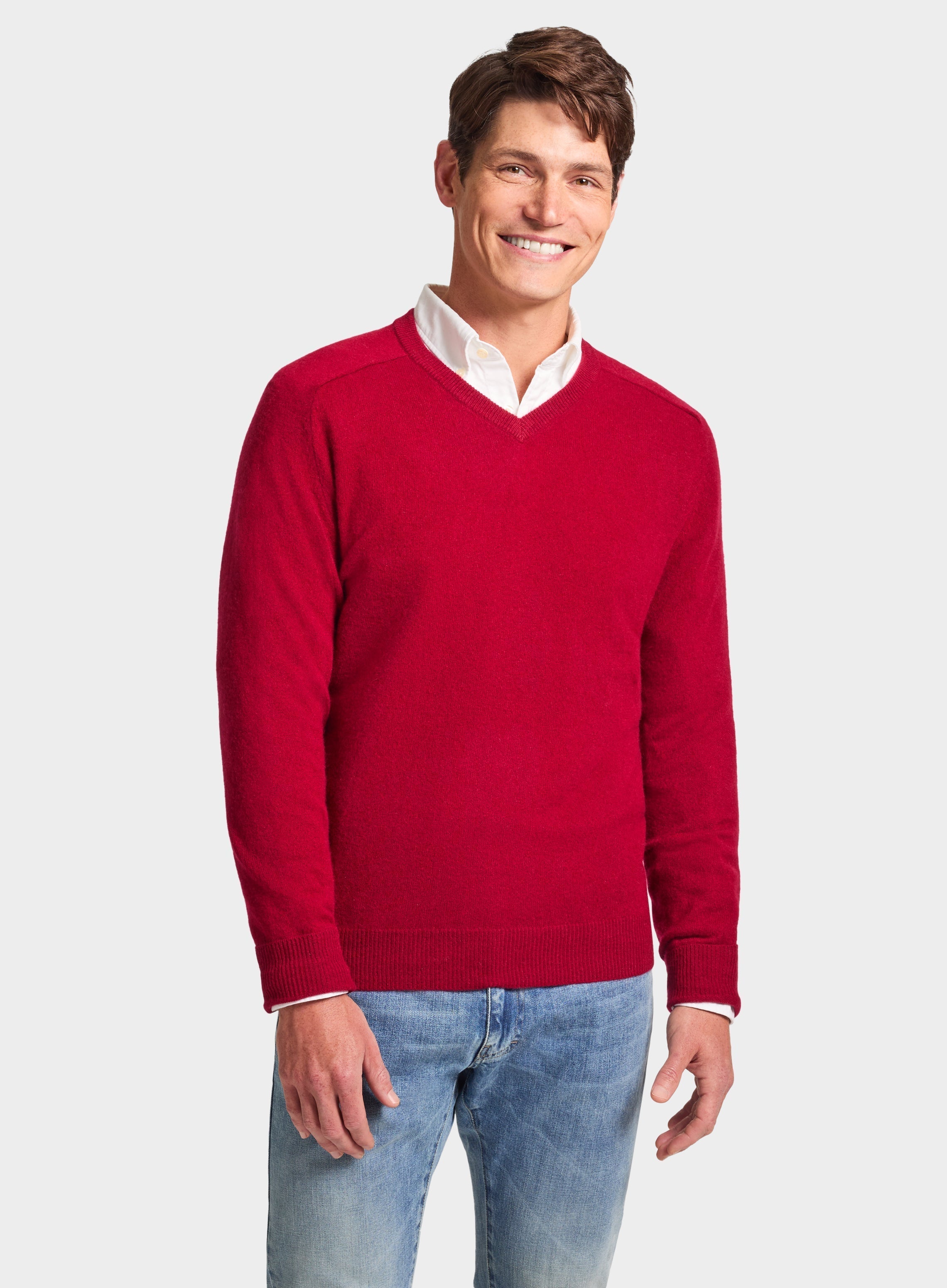 Mens Cashmere V Neck Jumper in Red Oxford Shirt