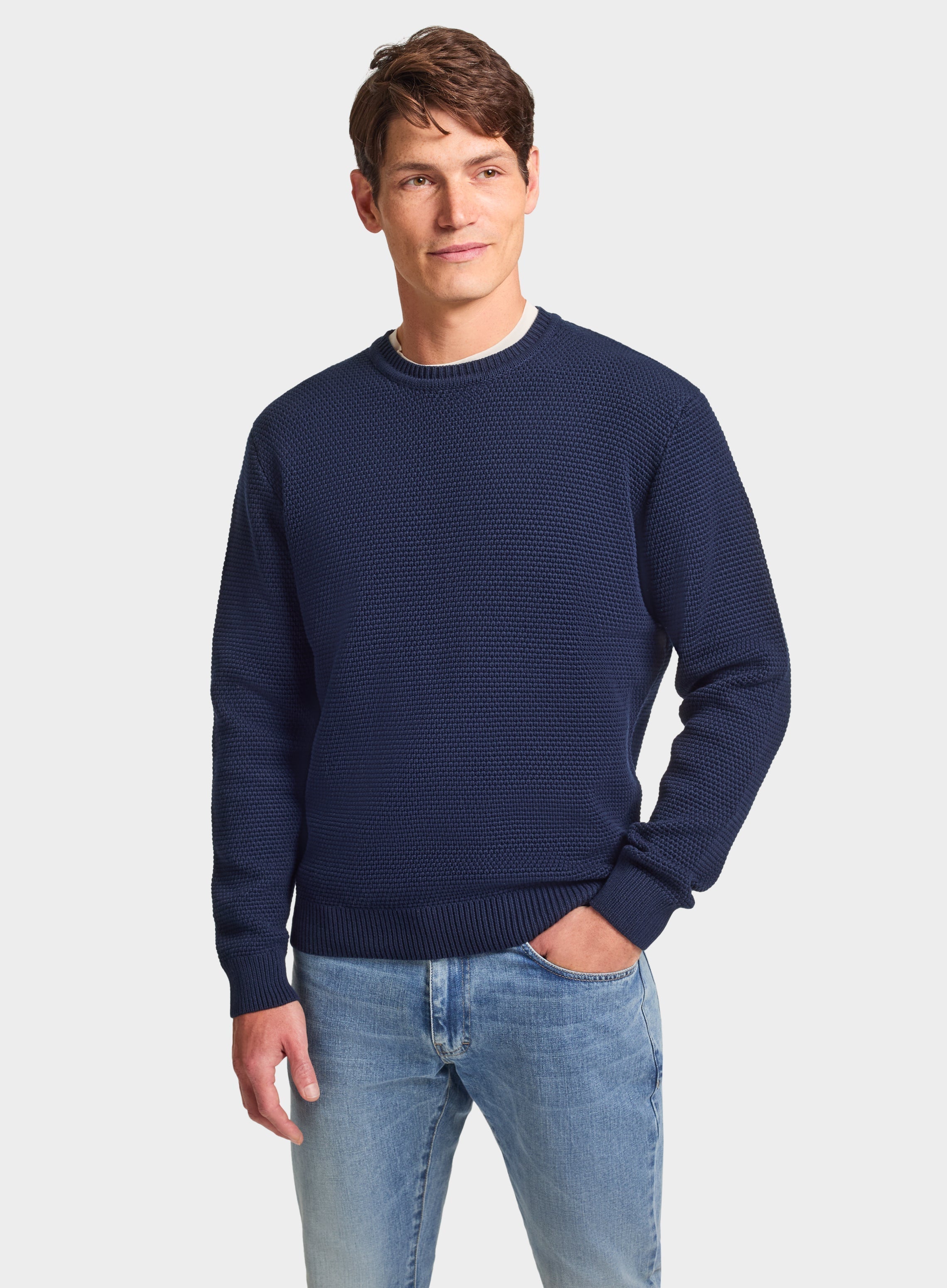 Mens Cotton Waffle Crew Neck in Navy - Oxford Shirt Co.