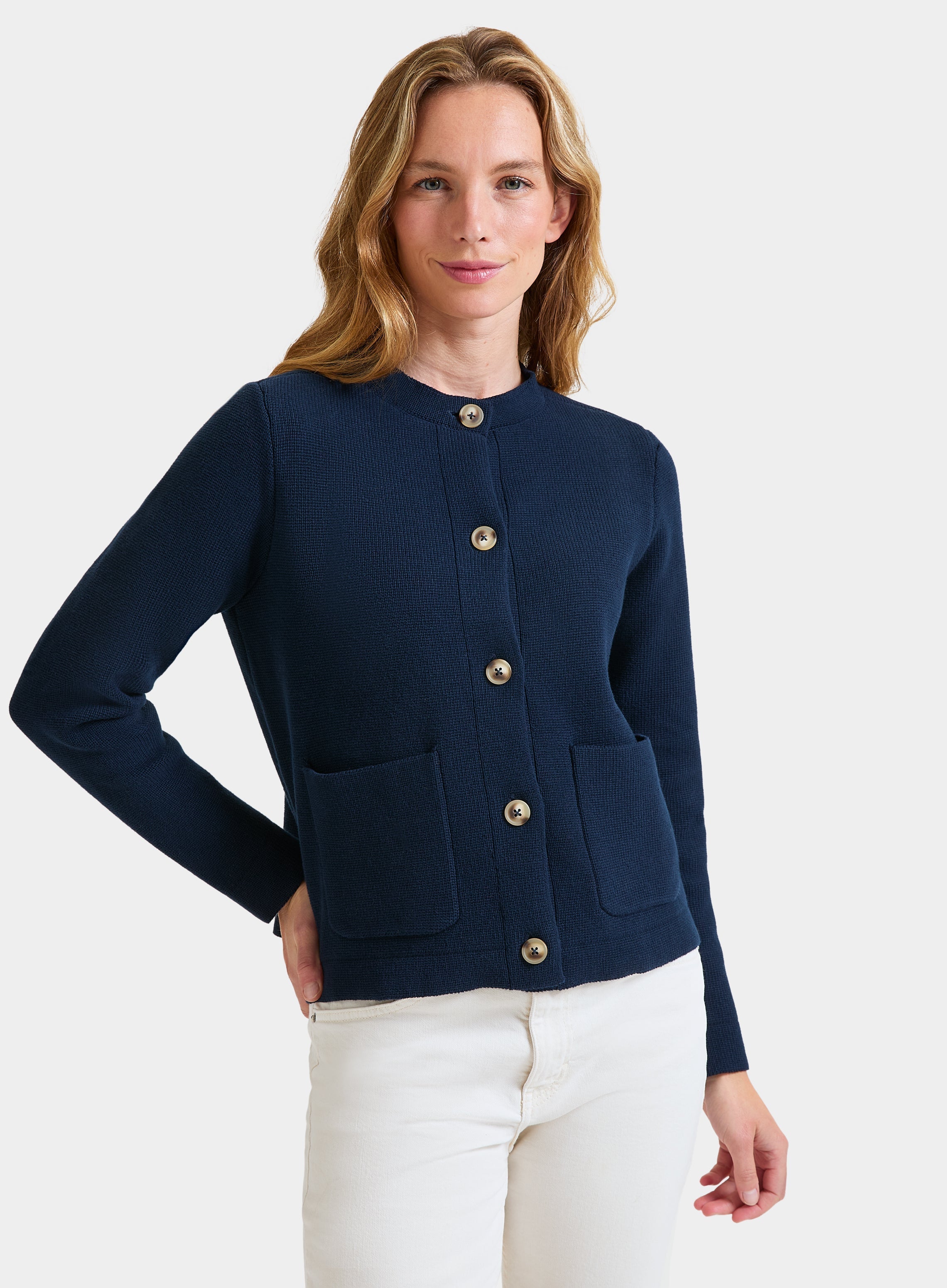 Womens Cotton Cardigan in Navy Oxford Shirt - Main Image