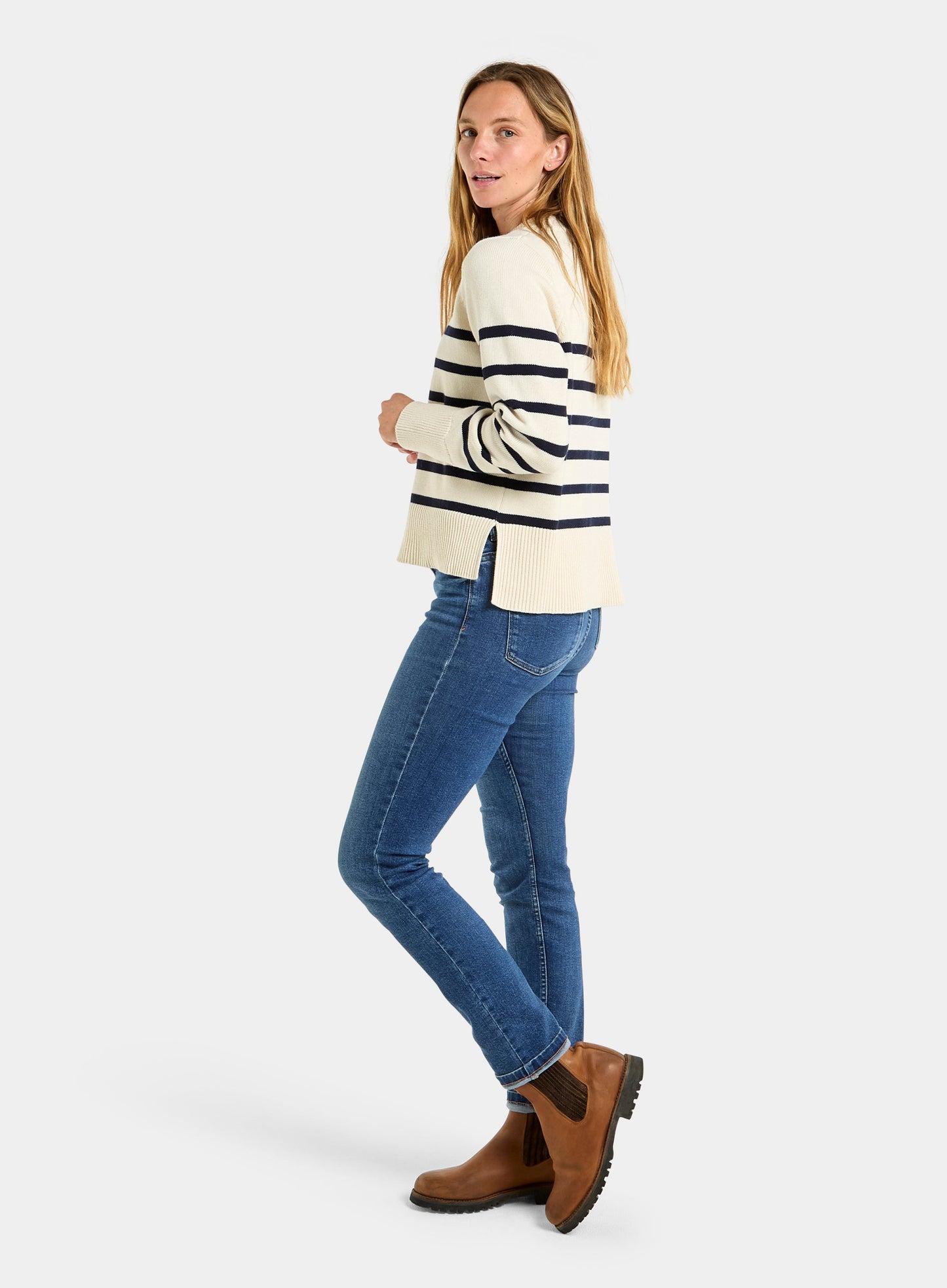 Cotton Cashmere Crew Neck - Ecru and Navy Stripe