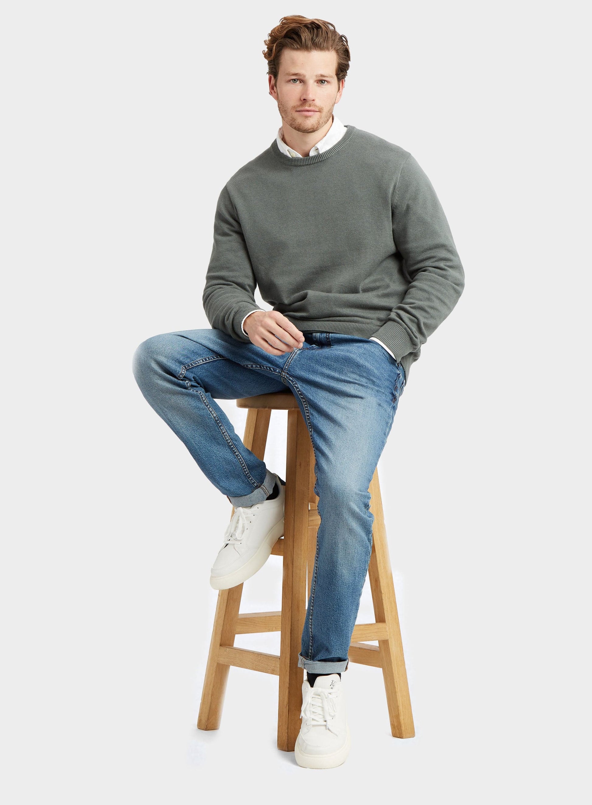 Cotton Cashmere Crew Neck in Moss