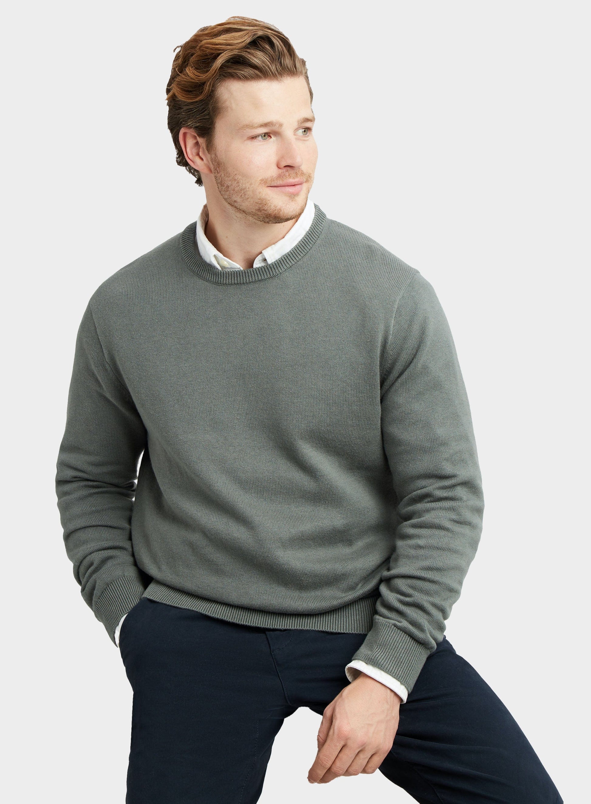 Cotton Cashmere Crew Neck in Moss