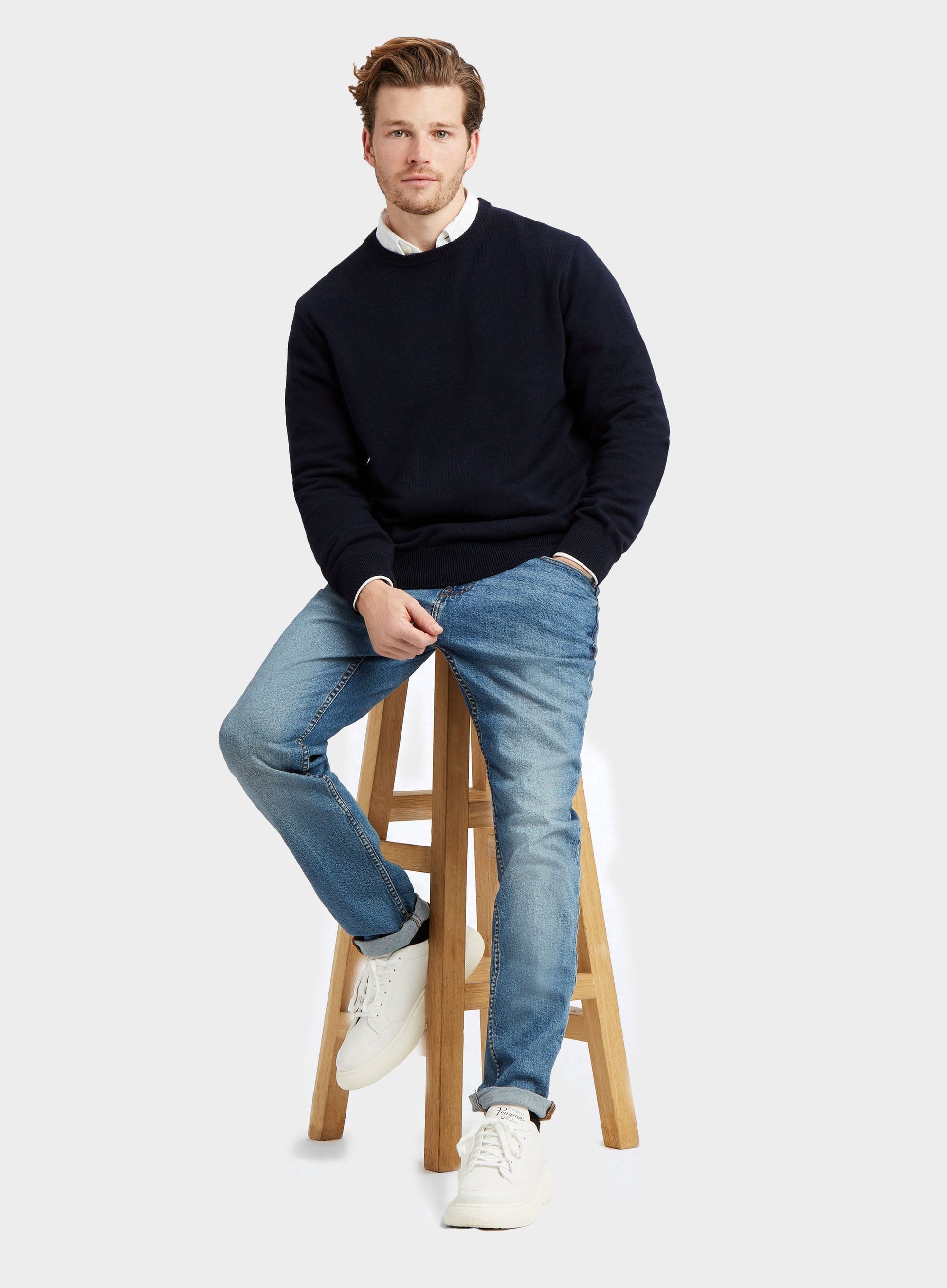 Cotton Cashmere Crew Neck in Neat Navy