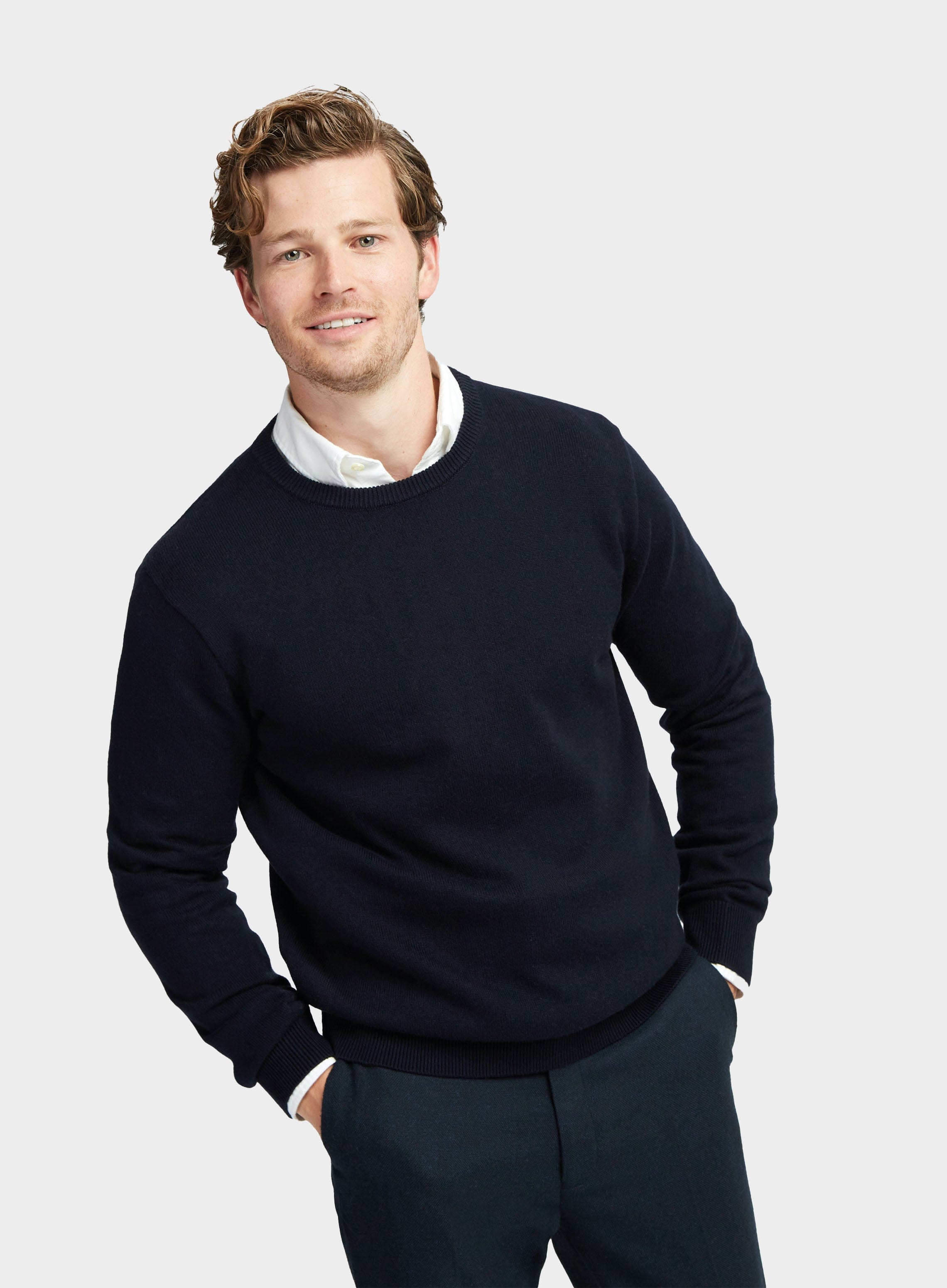 Mens Cotton Cashmere Crew Neck Jumper in Neat Navy Oxford Shirt