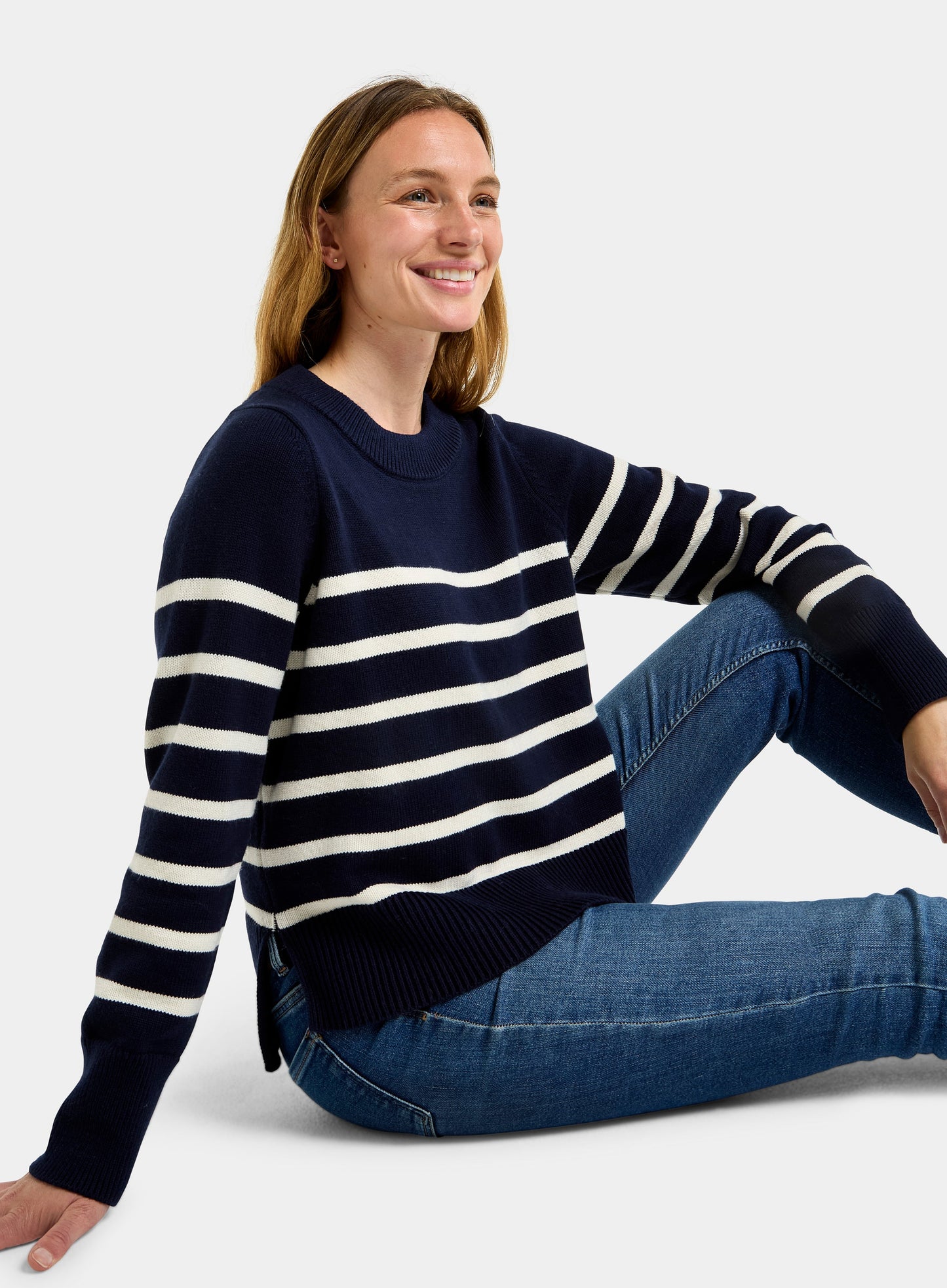 Cotton Cashmere Crew Neck - Navy and Cream Stripe