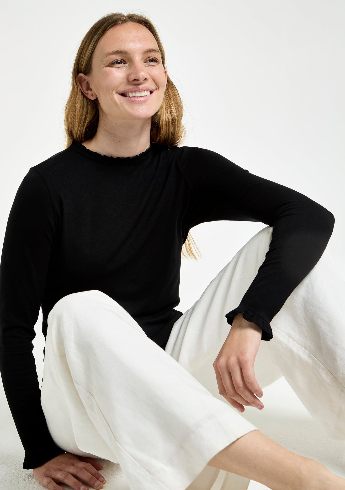 Frill Neck Long Sleeve Top in Black