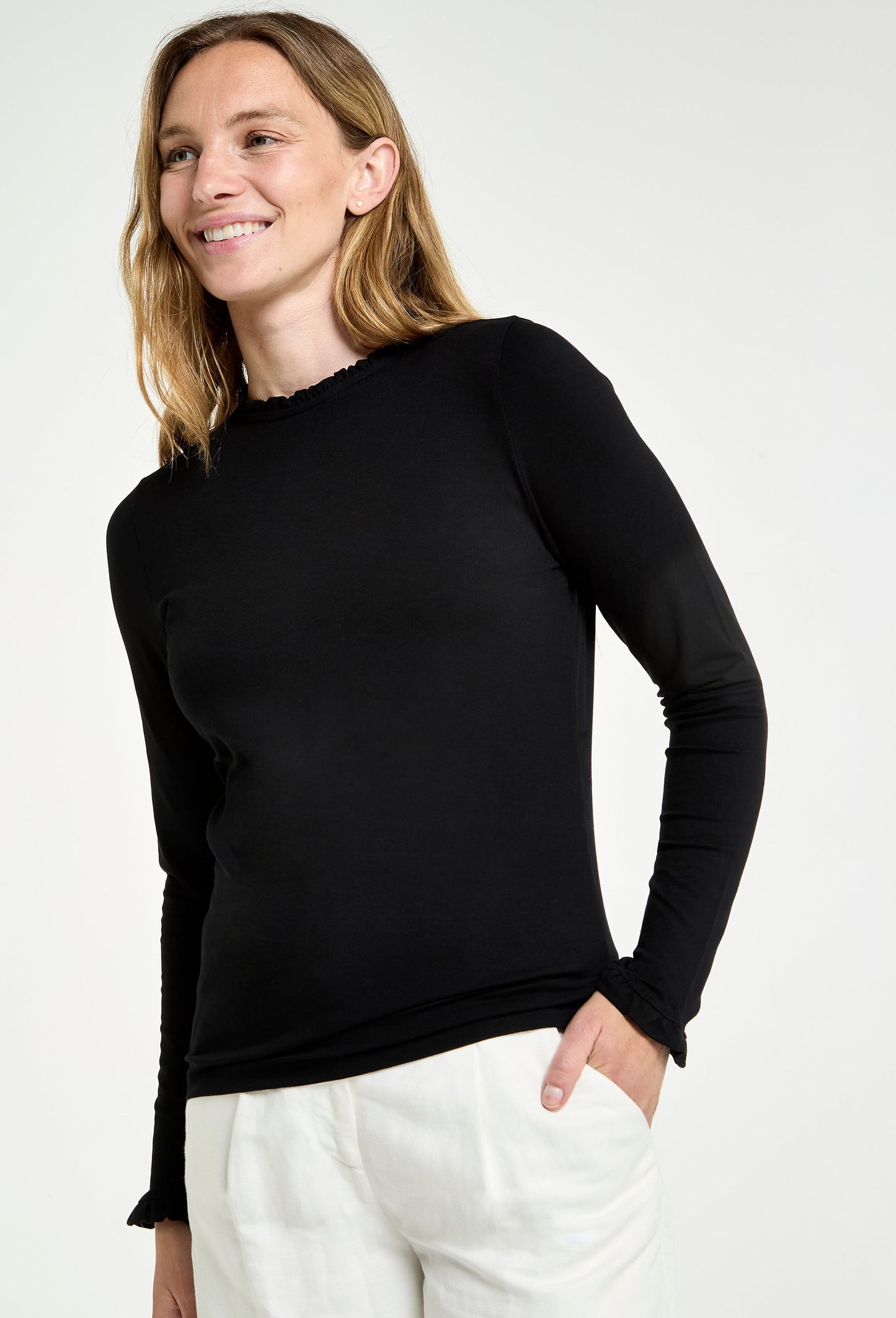 Frill Neck Long Sleeve Top in Black