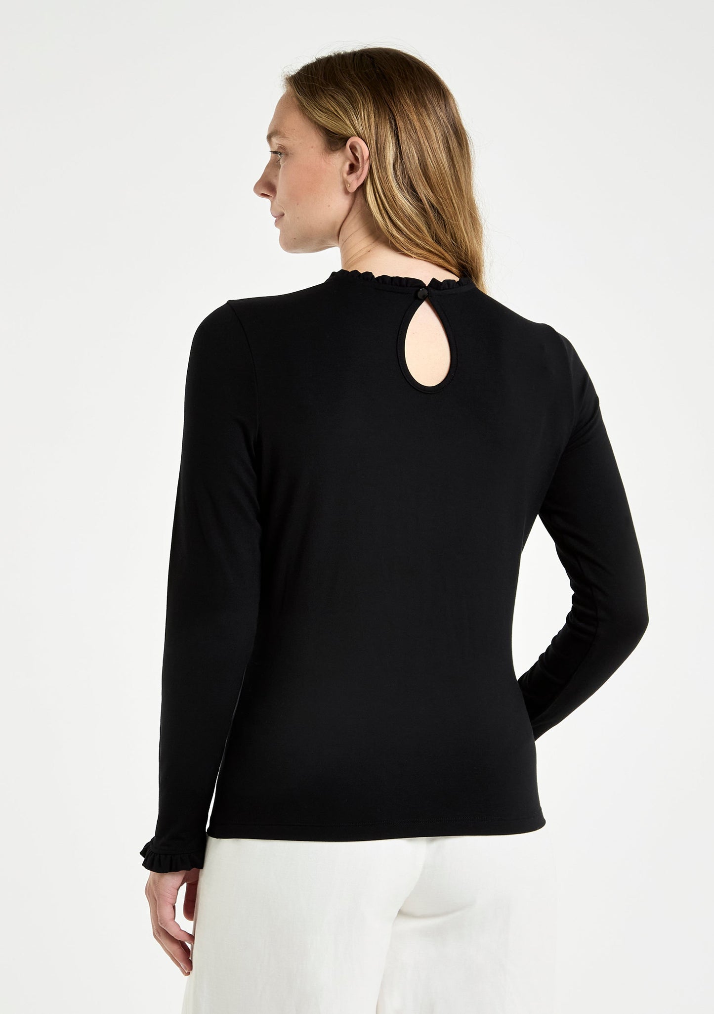 Frill Neck Long Sleeve Top in Black