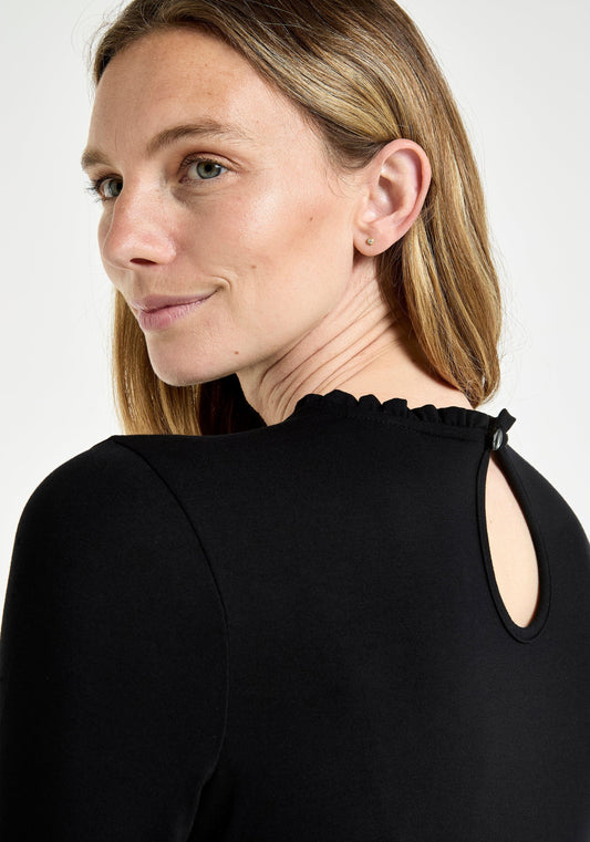 Frill Neck Long Sleeve Top in Black