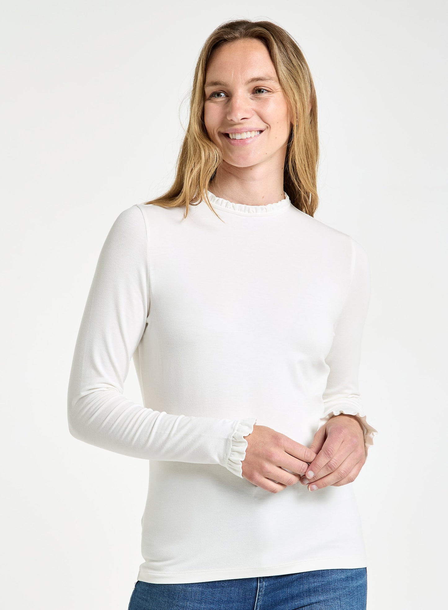 Frill Neck Long Sleeve Top in Ivory