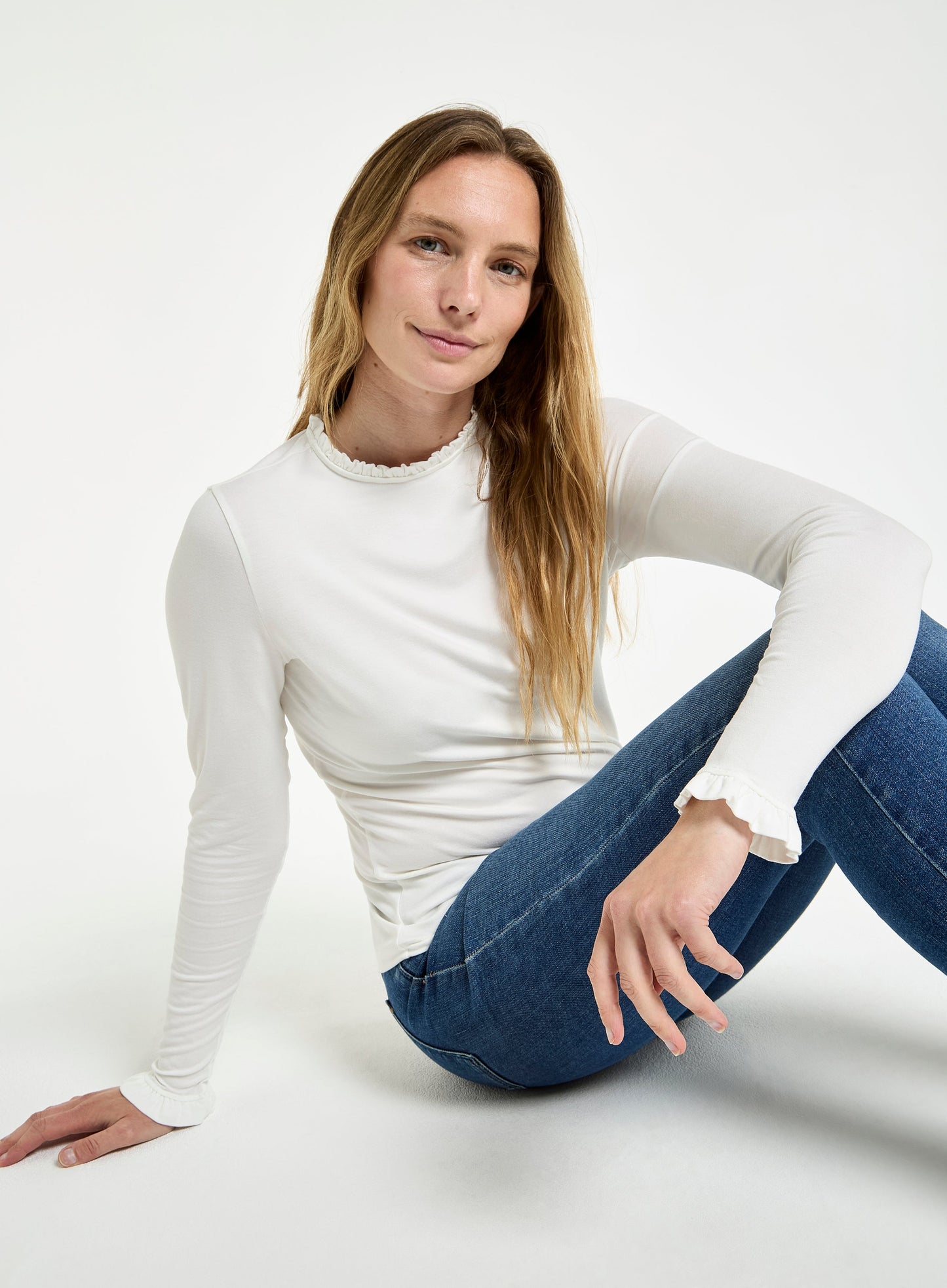 Frill Neck Long Sleeve Top in Ivory