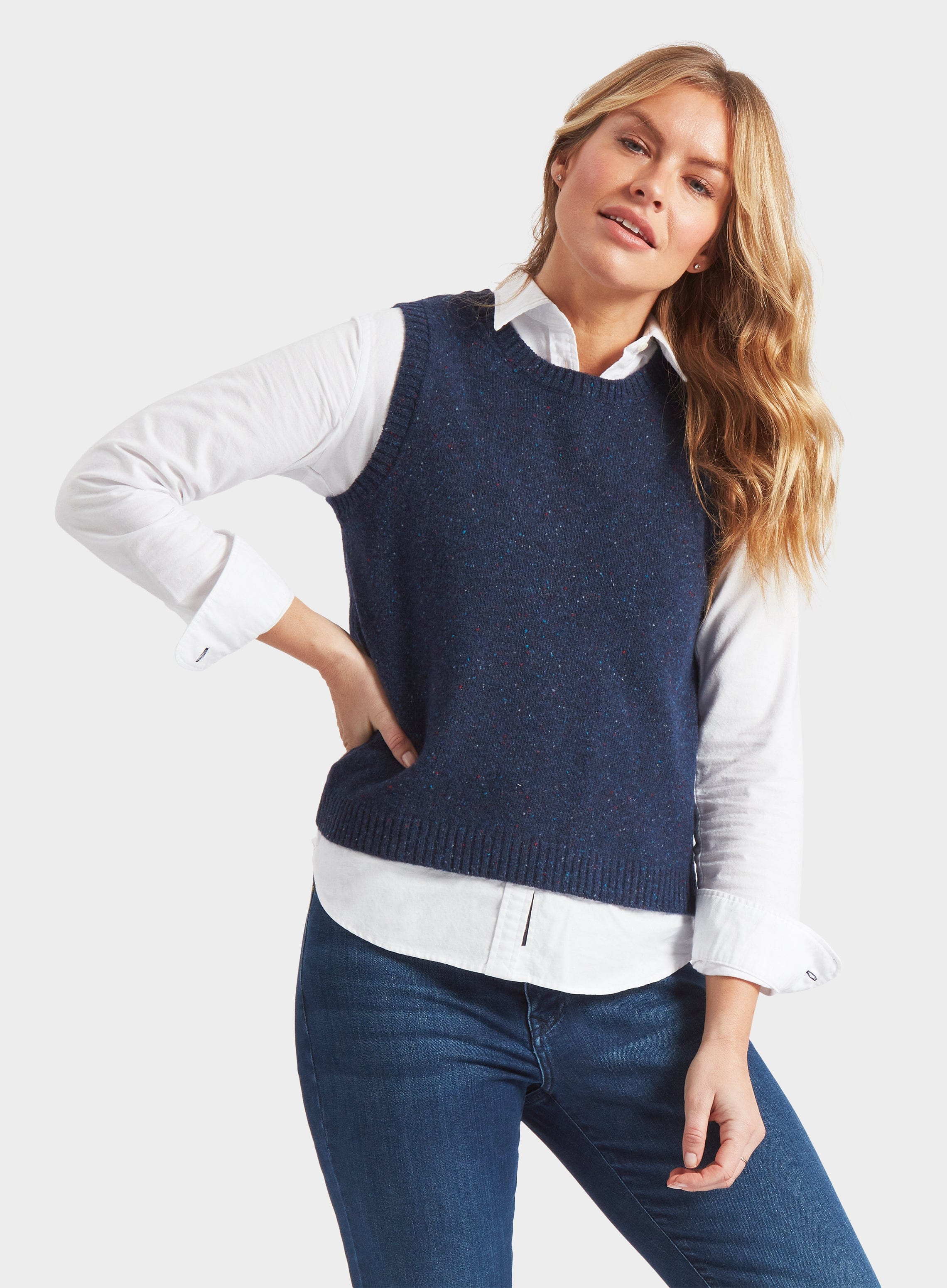 Womens Knitted Neppy Vest in Navy Oxford Shirt