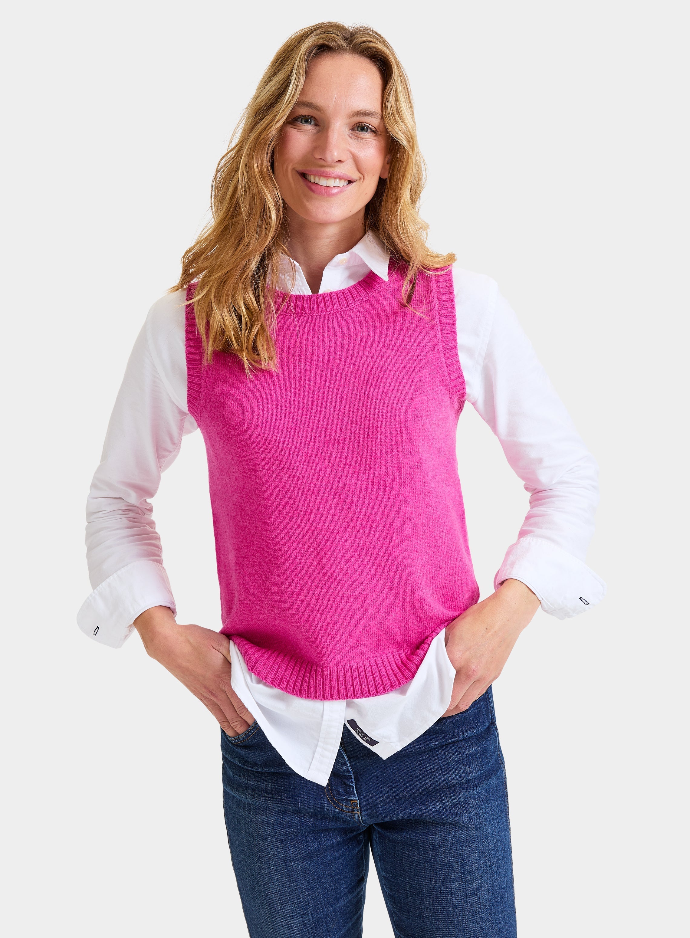 Womens Knitted Vest in Pink Oxford Shirt - Main Image