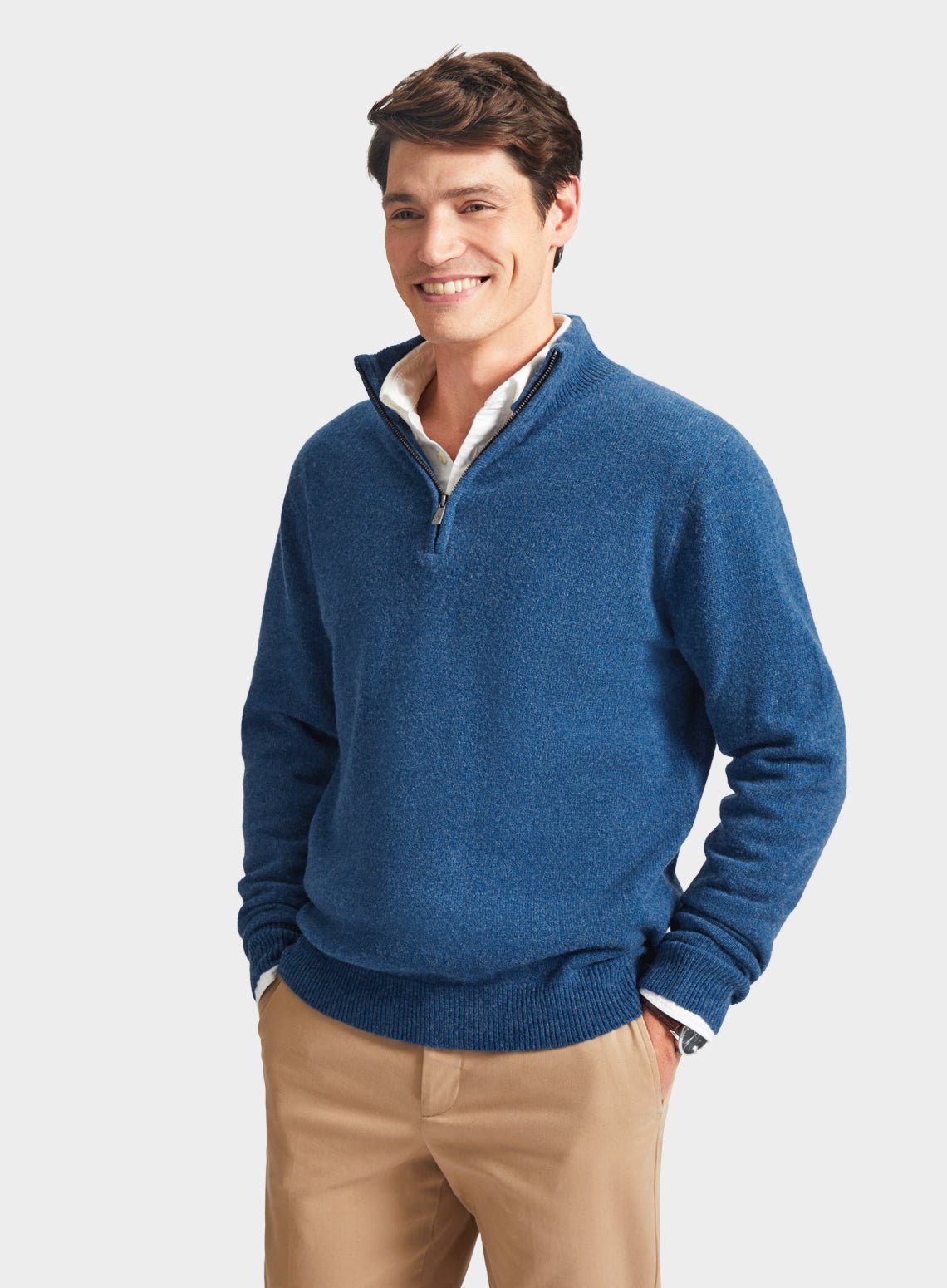 Mens Lambswool 1/4 Zip Jumper in Blue Oxford Shirt