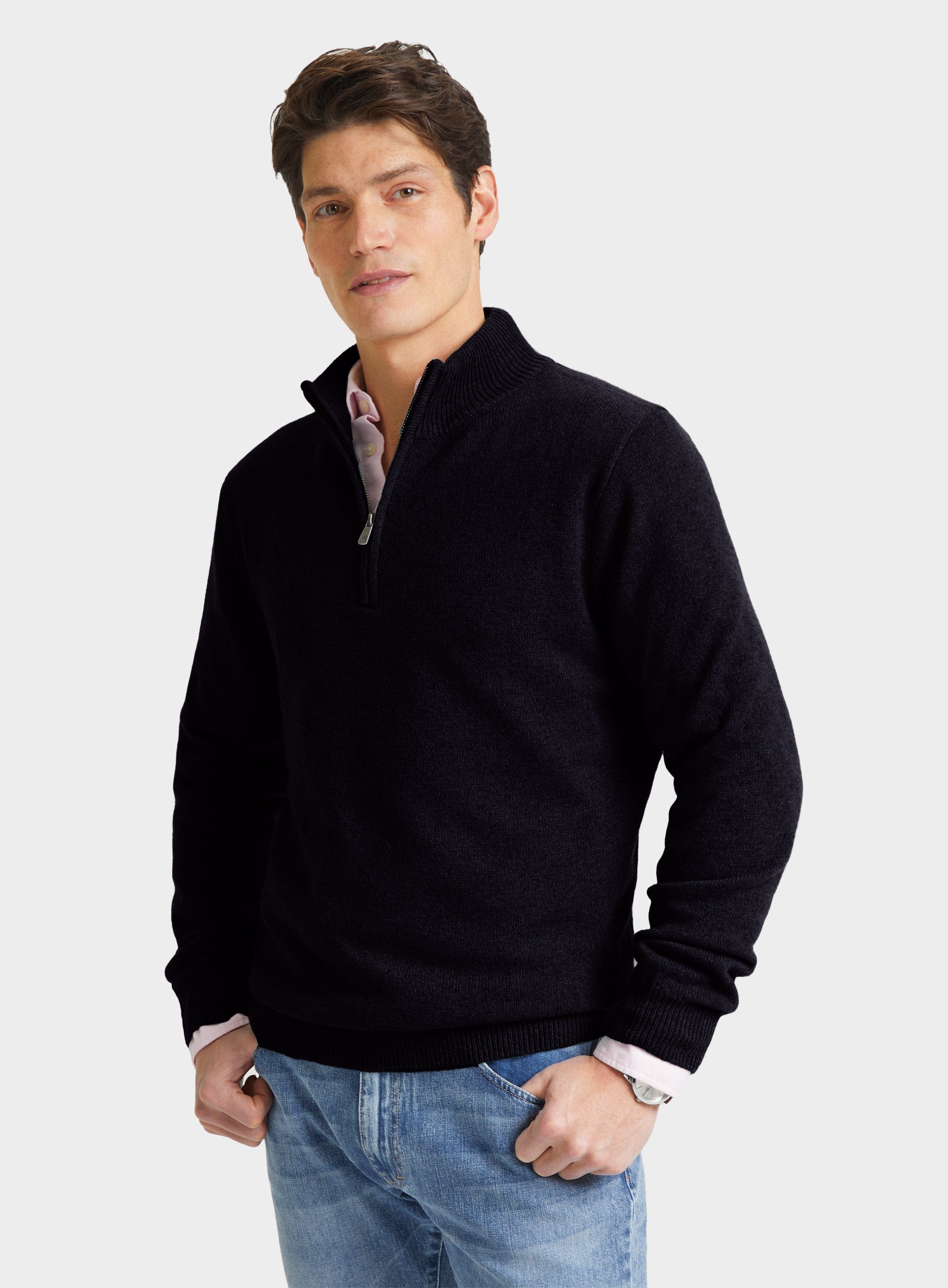 Mens Lambswool 1/4 Zip Jumper in Navy Oxford Shirt