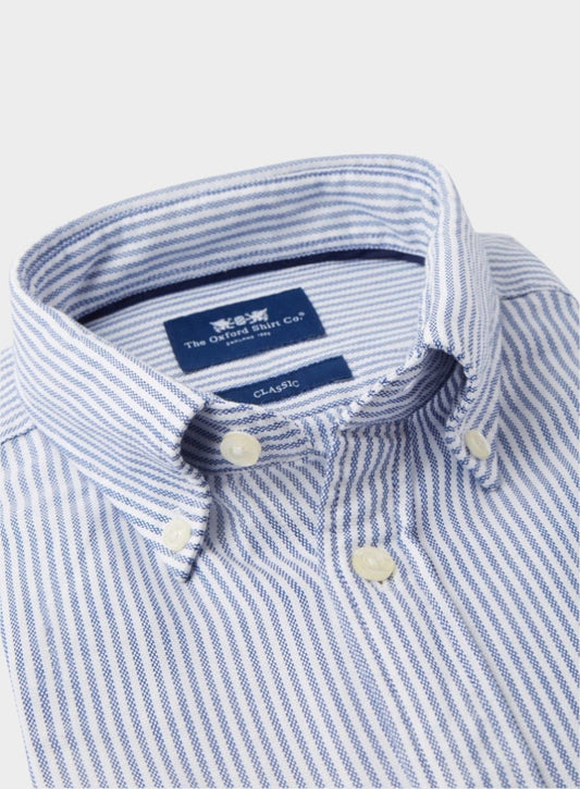 Men’s button-down Oxford shirt in Dark Blue Stripe.