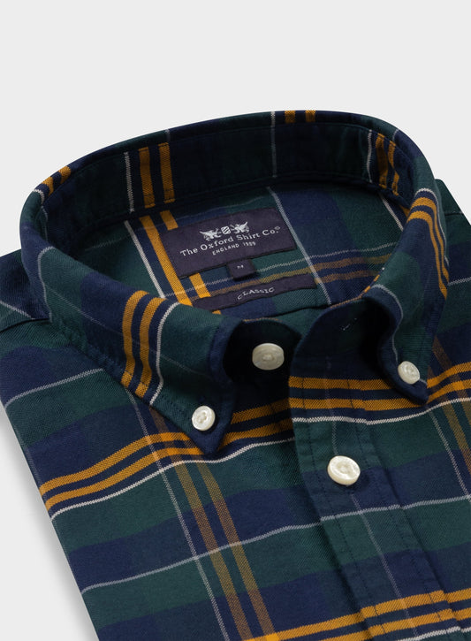 Men’s button-down Oxford shirt in Green and Navy Check.
