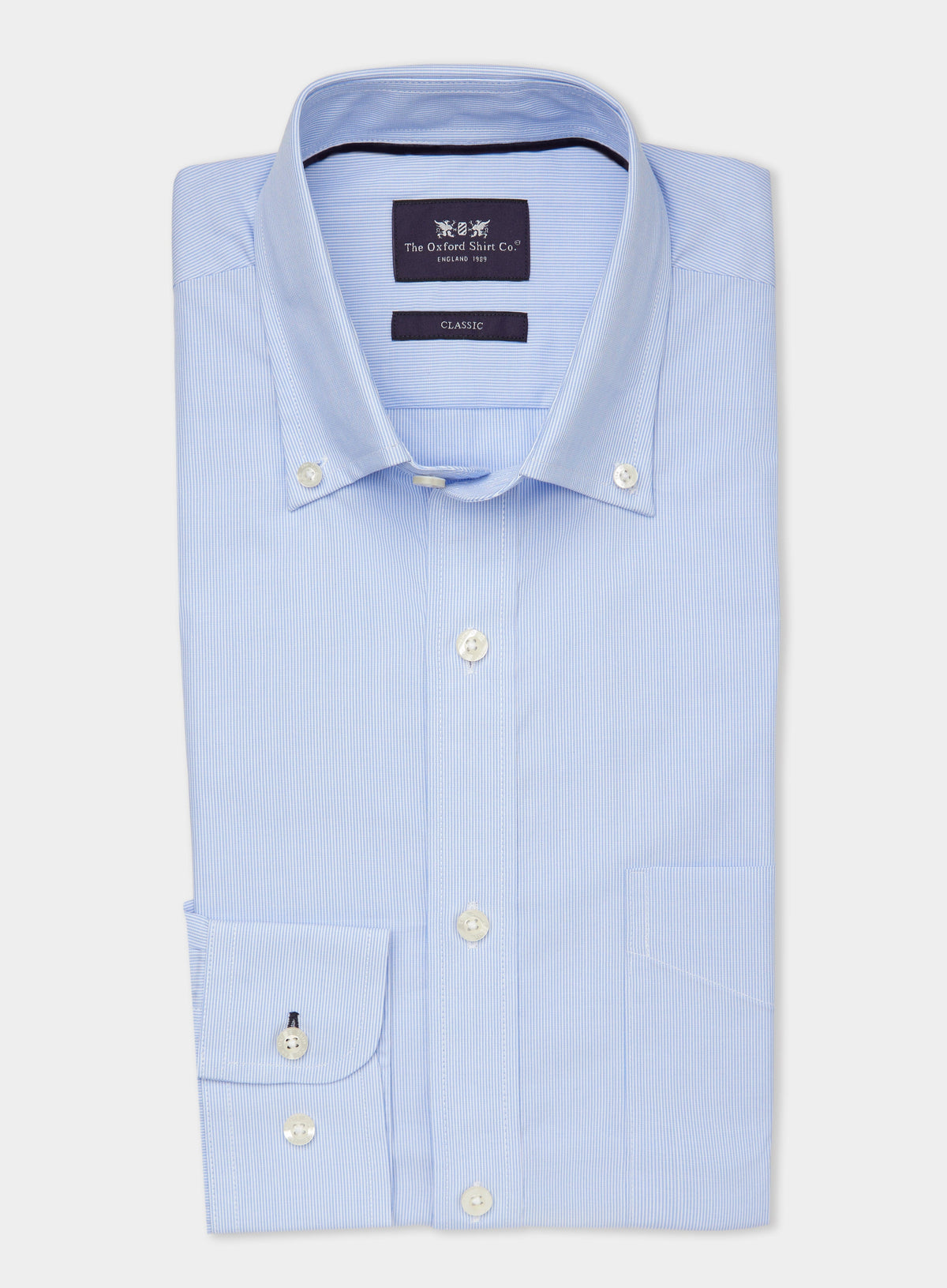 Men’s button-down shirt in Fine Blue Stripe.