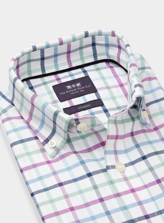 Men’s button-down shirt in Green and Purple Check.