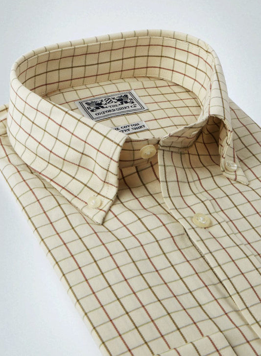 Men’s button-down tattersall shirt in Beige and Green Check.