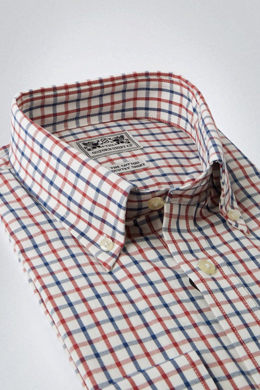Men’s button-down tattersall shirt in Red and Navy Check.