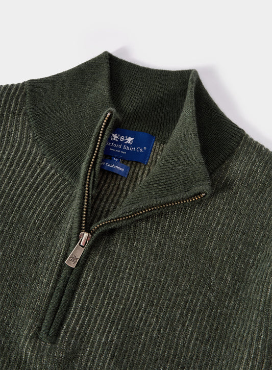 Men’s cashmere plaited rib quarter zip jumper in Green.
