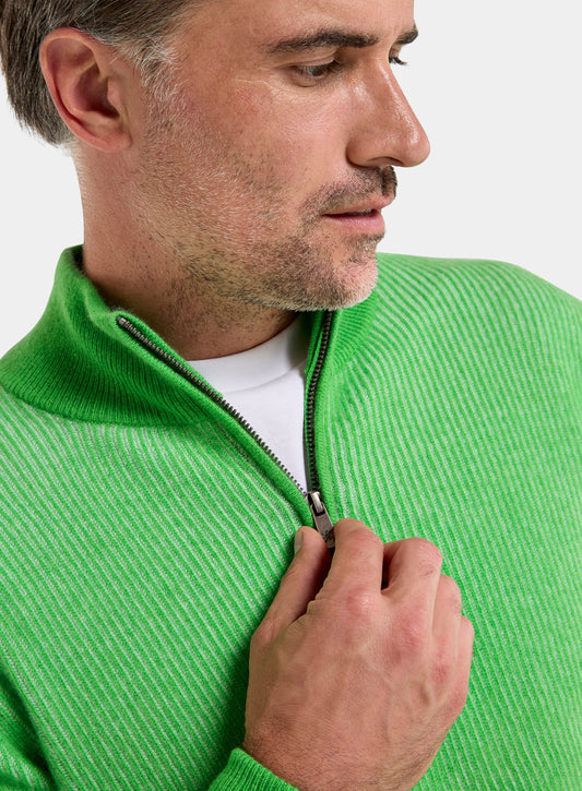 Men’s cashmere plaited rib quarter zip jumper in Lime.