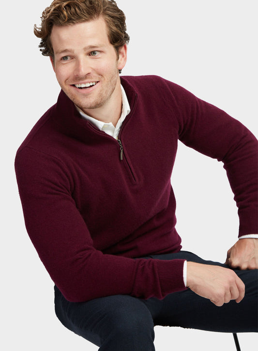 Men’s cashmere quarter zip jumper in Aubergine.