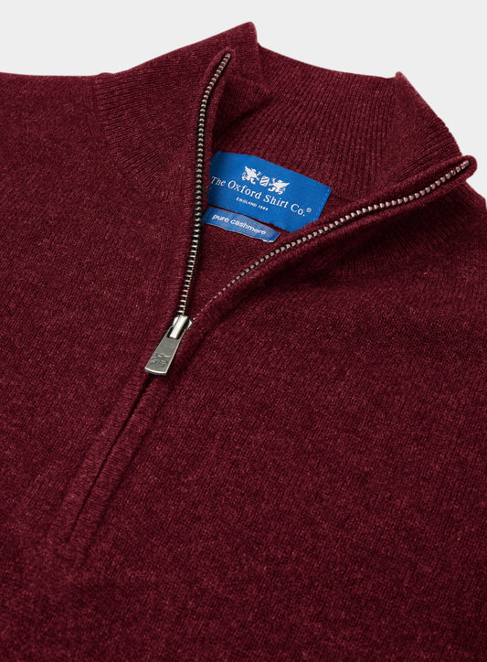 Men’s cashmere quarter zip jumper in Bordeaux.